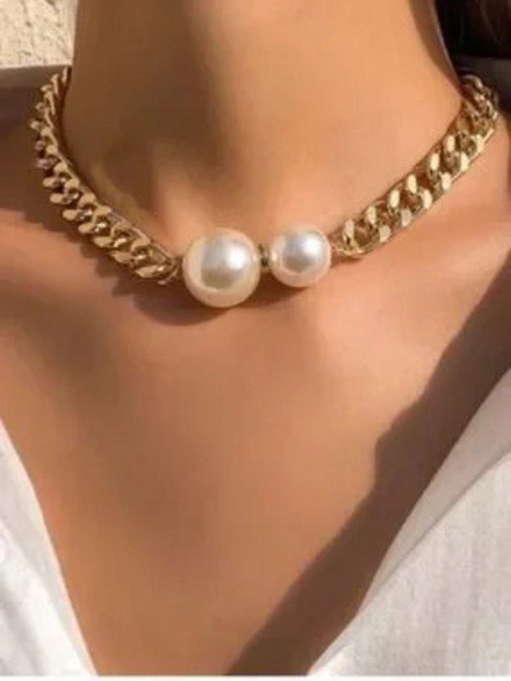 Gold Chain Choker with Pearl Accents - Picture 2 of 5